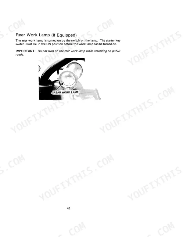 Case IH 245, 255 operator manual page showing rear work lamp location and operating instructions.