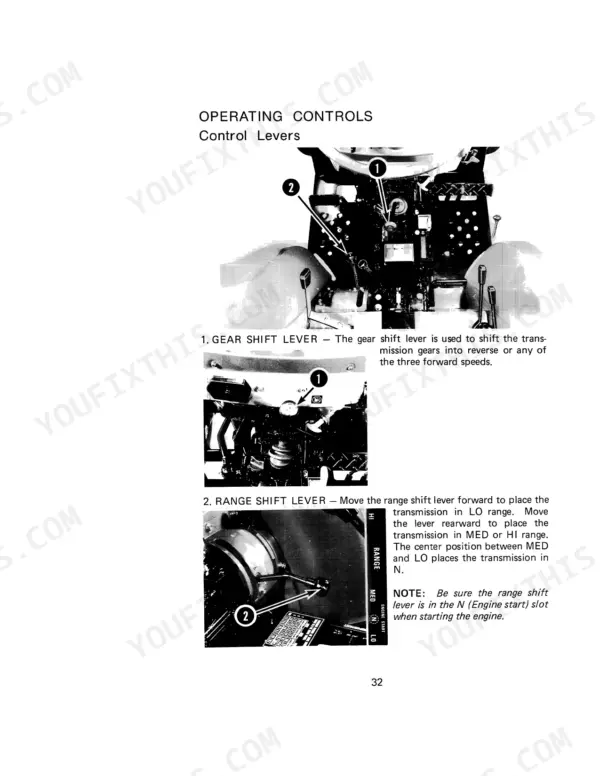 Case IH 245, 255 operating controls showing gear shift lever and range shift lever operation and positions.