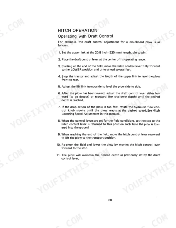 Case IH 275 Tractor operator manual page detailing hitch operation and draft control adjustment procedures for a plow.
