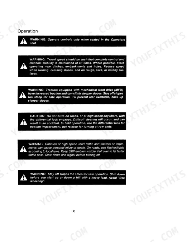 Case IH 275 Tractor operator manual page showing safety warnings for travel speed, MFD, differential lock, and road use.