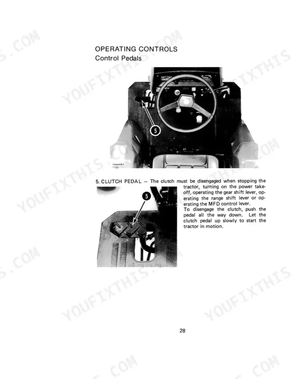 Case IH 275 Tractor operating controls manual page showing clutch pedal location and operation instructions.