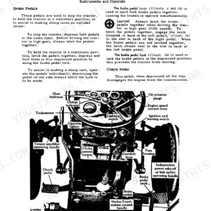 Case IH 300, 300 Utility Tractor, International 300 Utility Tractor manual page showing brake, clutch, and controls diagram.