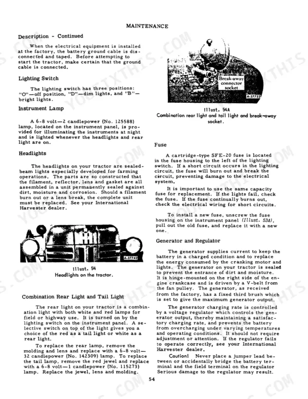 Case IH 300, 300 Utility Tractor, International 300 Utility Tractor maintenance: lighting, fuse, and generator procedures.