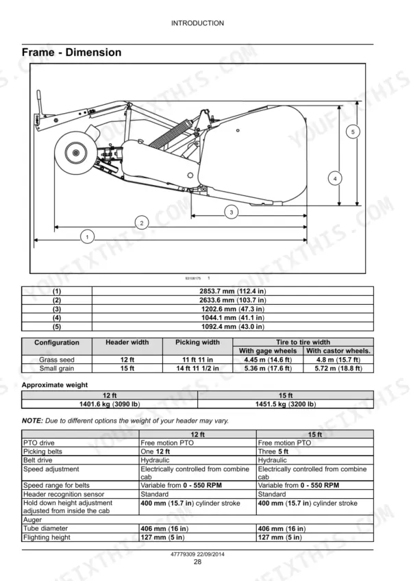 Case IH 3016, 3016 Pick-up Header frame dimension diagram, weight, and technical specifications table.