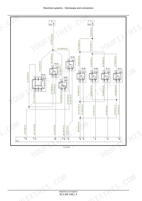 Case IH 3020, TerraFlex 3020 Auger Header electrical wiring diagram showing relays R-20, R-24, R-25, R-28, R-29, R-12, R-13.
