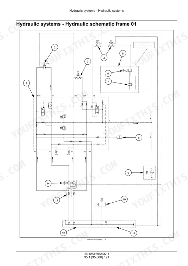 Case IH 3152, 3162, Draper Header hydraulic schematic frame 01 showing numbered component flow diagram