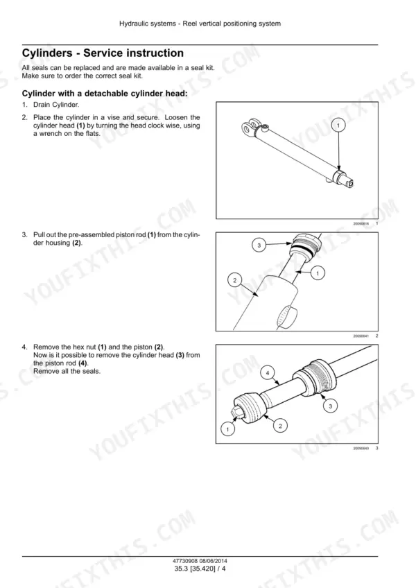 Case IH 3152, 3162, Draper Header hydraulic cylinder service procedure for detachable cylinder head disassembly.