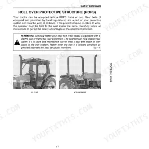 Case IH 3220, 3230, 4210, 4230, 4240 Tractors: ROPS safety warning, seat belt instructions, and XL cab vs ROPS frame images.