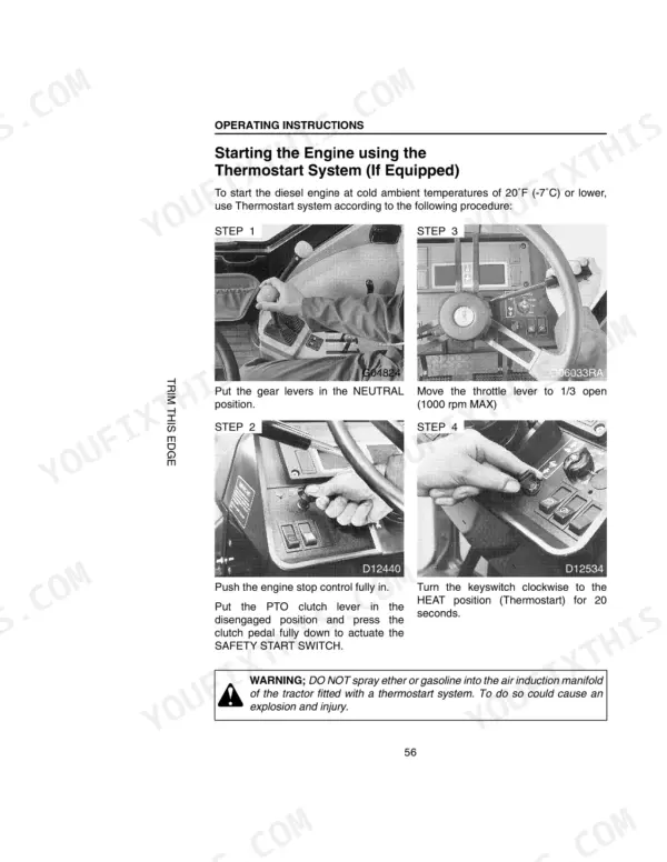 Case IH 3220, 3230, 4210, 4230, 4240 Tractors: Procedure for starting the diesel engine using the Thermostart system.