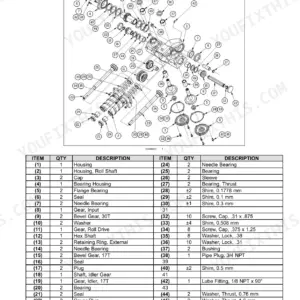Case IH 3406-3418 Corn Header gearbox intermeshing exploded view diagram and parts list with housing, gears, and bearings.