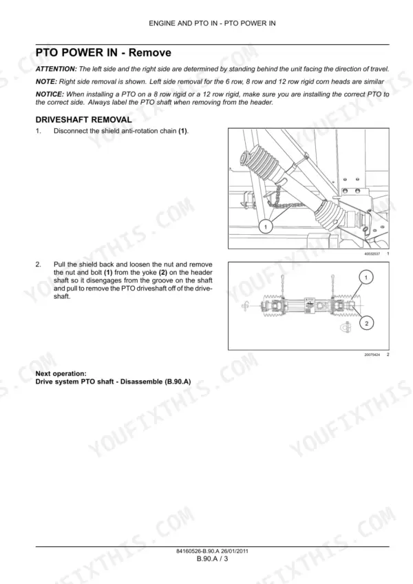 Case IH 3400 Series Corn Header PTO power in removal procedure, showing driveshaft shield and yoke removal diagrams.