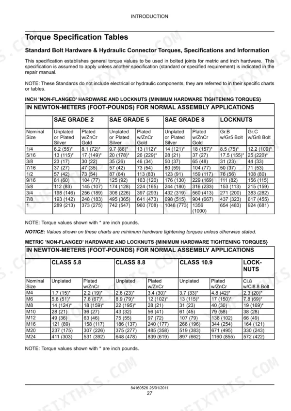 Case IH 3400 series corn header torque specification tables for inch and metric non-flanged hardware and locknuts.