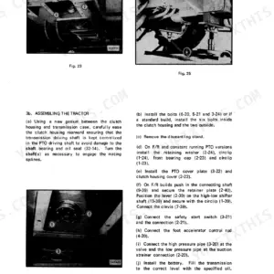 Case IH 384 Tractor transmission assembly procedure, showing clutch housing, PTO shaft, and component installation steps.