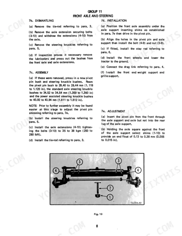 Case IH 384 Tractor front axle and steering dismantling, assembly, installation, and adjustment procedures with axle diagram.