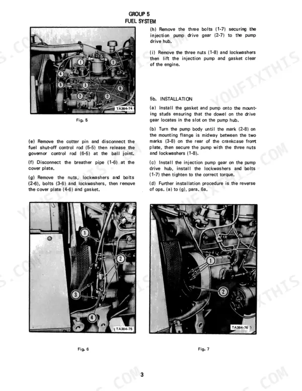 Case IH 384 Tractor fuel system injection pump removal and installation procedures with component diagrams.