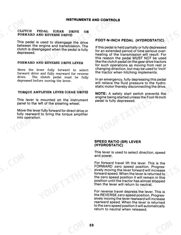 Case IH 385, 484, 584, 684, 784, 884, Hydro 84 manual page explaining clutch, foot-n-inch, torque amplifier, and speed ratio lever operations.