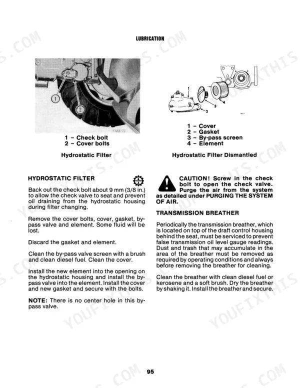 Case IH 385, 484, 584, 684, 784, 884, Hydro 84 hydrostatic filter replacement and transmission breather service guide.