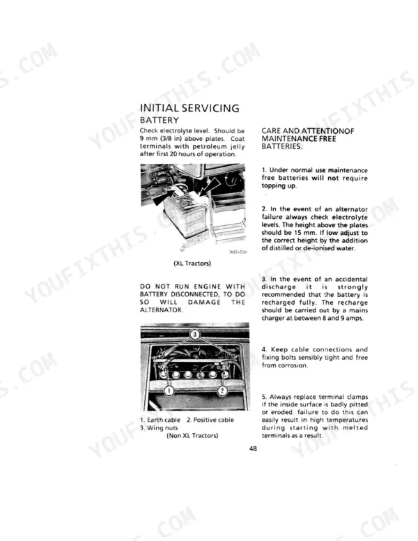 Case IH 385-885 tractor battery maintenance, initial servicing, electrolyte levels, and terminal care procedures.