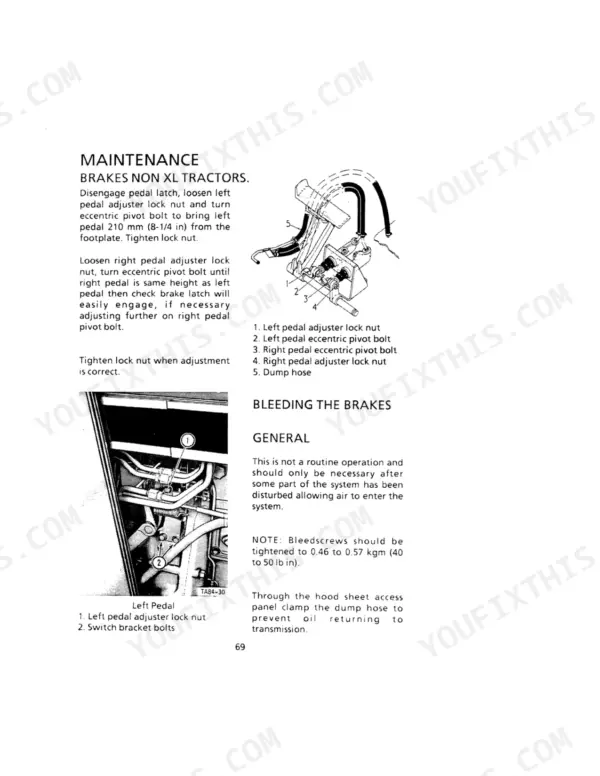 Case IH 385-885 tractor brake pedal adjustment and bleeding procedure manual page with component diagrams.