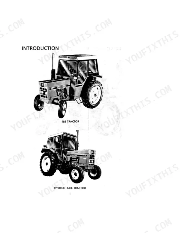 Case IH 385, 485, 585, 685, 785, 885, 885XL, 248, 258, 278, HYD 268, HYD 85 introduction page showing 485 and hydrostatic tractor.