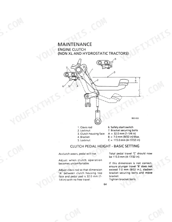 Case IH 385-885 tractor engine clutch pedal height adjustment diagram and maintenance procedure for non-XL models.