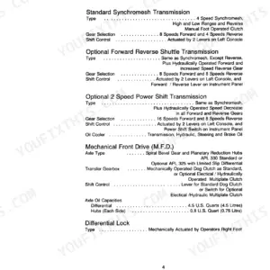 Case IH 385 Tractor transmission, MFD, and differential lock specifications table.