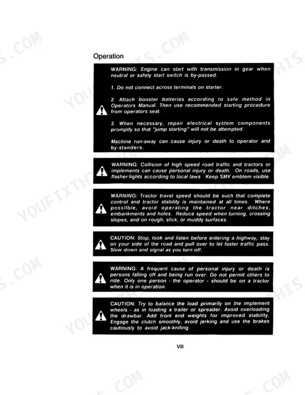 Case IH 385 Tractor operation manual page showing safety warnings for jump starting, road travel, stability, and passengers.