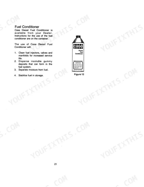 Case IH 385 Tractor manual page showing benefits and usage of Case Diesel Fuel Conditioner, Figure 12.