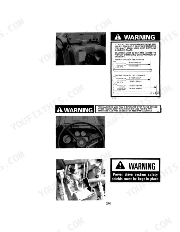 Case IH 385 Tractor safety warning labels for PTO shaft operation, driveline spacing, and power drive system shields.