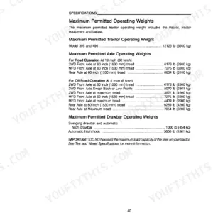 Case IH 395, 495 Tractor specifications table for maximum permitted operating, axle, and drawbar weights.