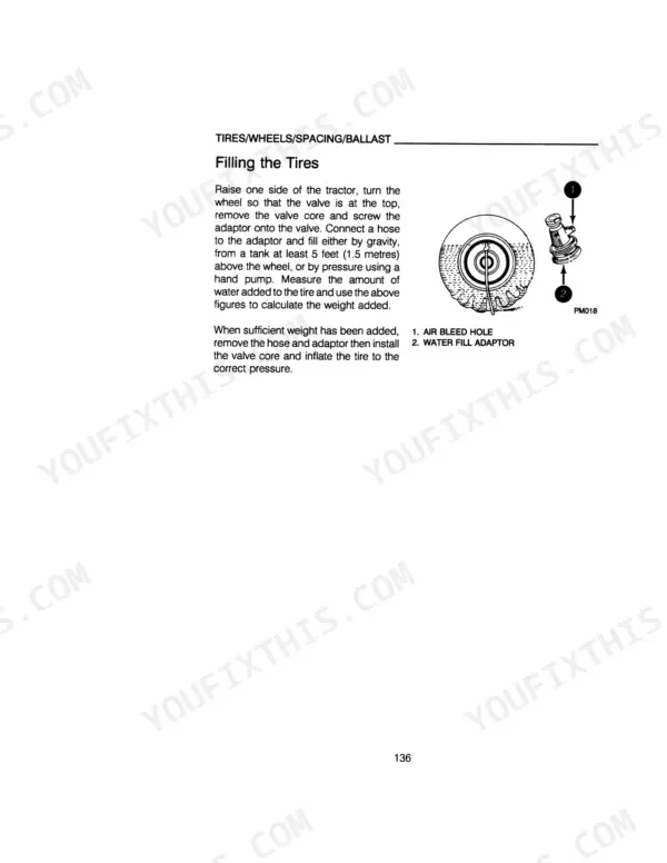 Case IH 395, 495 Tractor manual: procedure for filling tires with water ballast using a fill adaptor and air bleed hole.