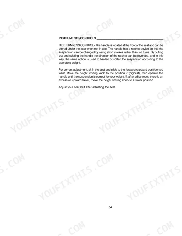 Case IH 395, 495 Tractor operator manual: instructions for adjusting the seat ride firmness control and height knob.