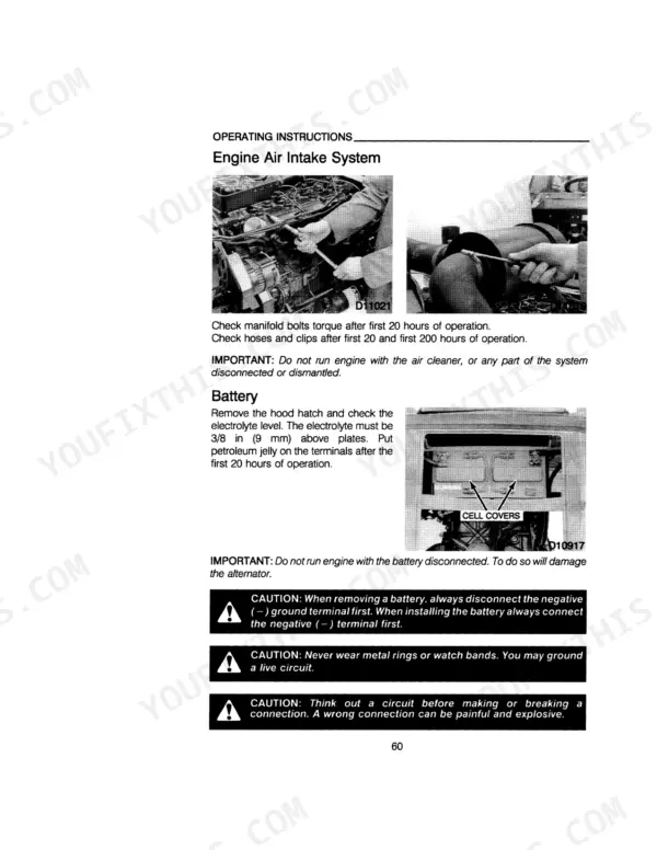 Case IH 395, 495 Tractor manual: Engine air intake system maintenance, battery electrolyte checks, and safety warnings.