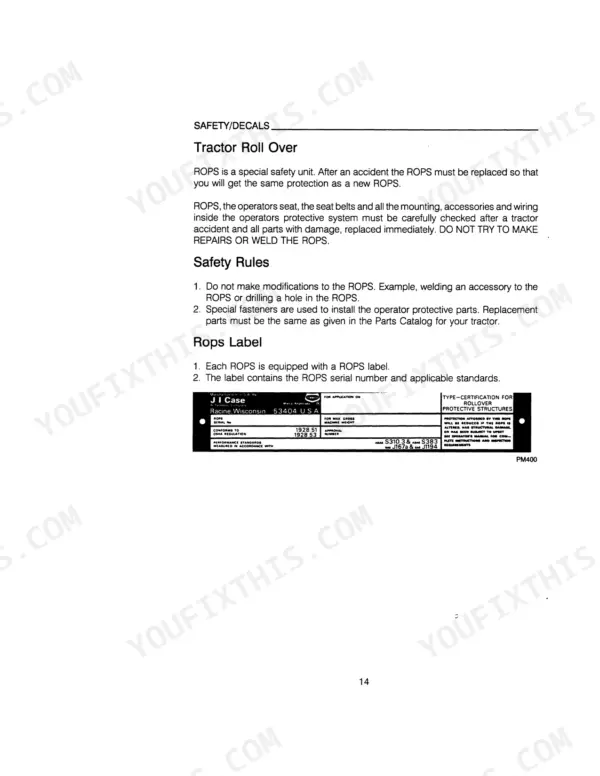 Case IH 395, 495 Tractor safety manual page detailing ROPS rollover protection structure rules and label information.