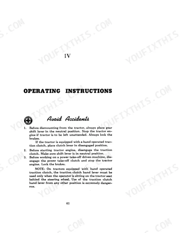 Case IH 400, 401, 402, 403, 405, 400 Series Tractor: Safety operating instructions for clutch, brakes, and PTO.