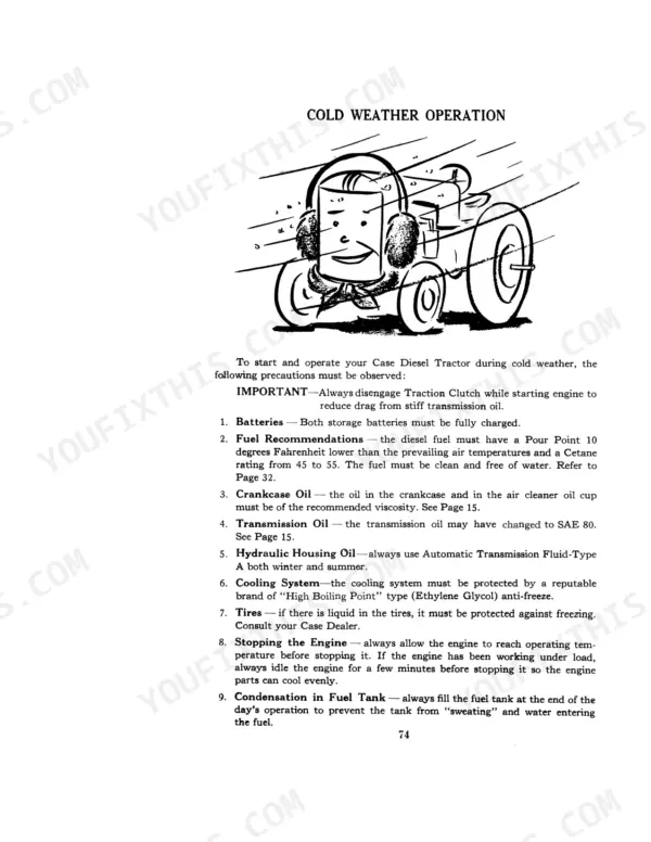 Case IH 400, 401, 402, 403, 405, 400 Series Tractor cold weather operation procedures, fuel, oil, and battery guidelines.