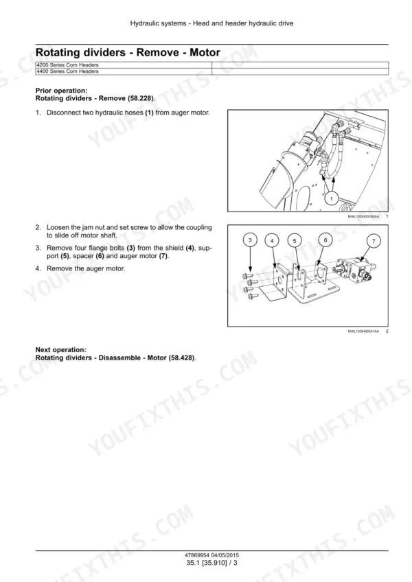 Case IH 4200/4400 Series Corn Header service procedure for removing the rotating divider auger motor and hydraulic hoses.