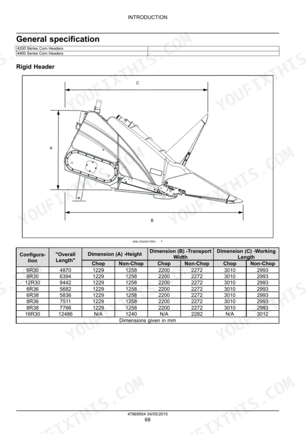 Case IH 4200/4400 Series Corn Header general specification table and rigid header dimension diagram with height, width, and length.