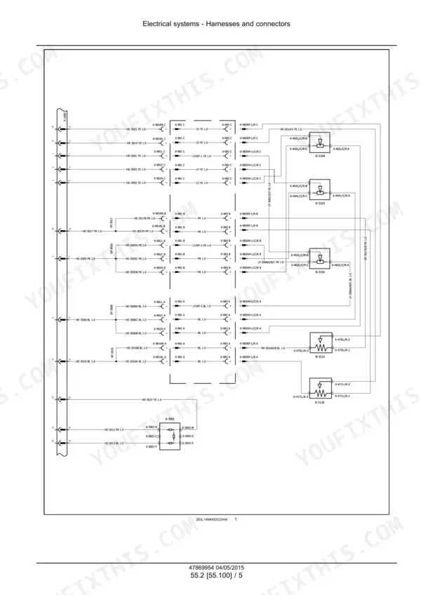 Case IH Corn Header electrical wiring diagram showing harnesses, connectors, and components B-3104, B-3103, B-3101, B-3121, B-3120.