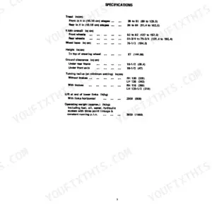 Case IH 434, 434 Tractor specifications table listing tread, width, wheelbase, height, clearance, and turning radius.