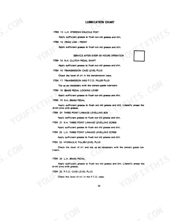 Case IH 434, 434 Tractor lubrication chart listing 50-hour service points for steering, pedals, and linkage components.