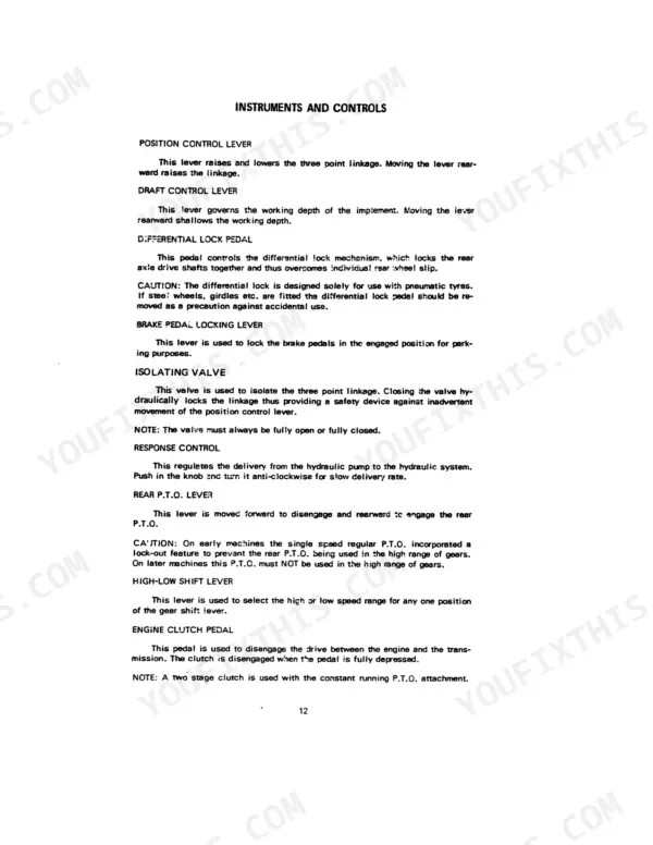 Case IH 434, 434 Tractor operator manual page describing instruments and controls, including levers, pedals, and valves.