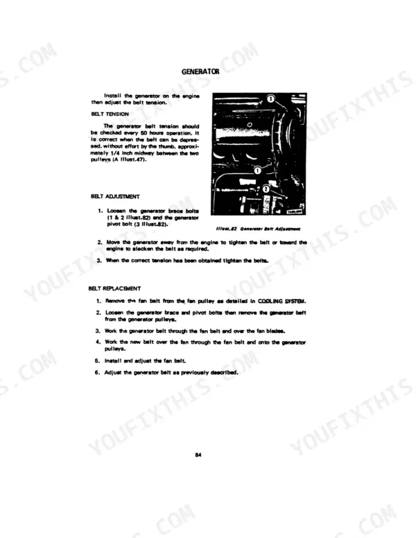 Case IH 434, 434 Tractor generator belt adjustment and replacement procedure with diagram of brace and pivot bolts.