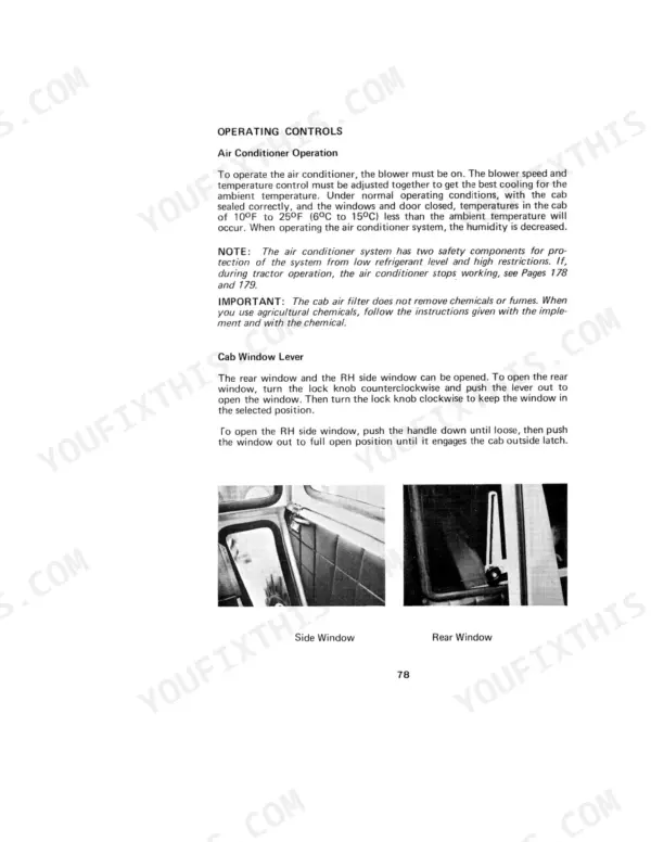 Case IH 4496 Tractor air conditioner operation instructions and cab window lever adjustment procedures.