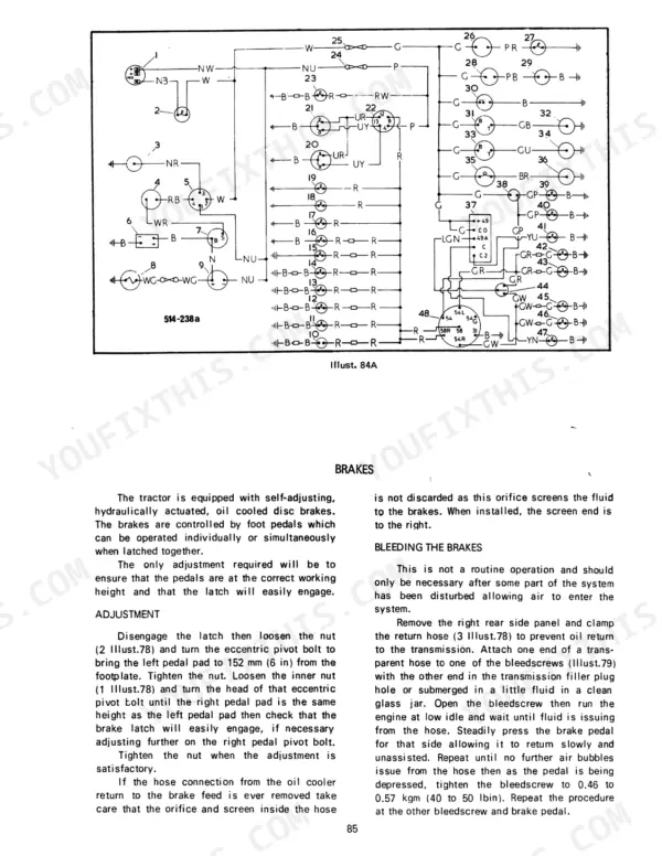 Case IH 454, 474, 475, 574, 674, 2400, 2500 Tractors electrical wiring diagram and brake adjustment and bleeding procedures.