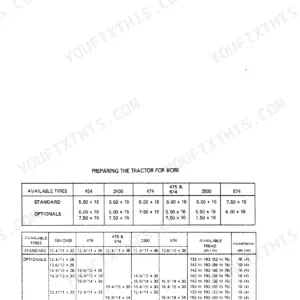 Case IH 454, 474, 475, 574, 674, 2400, 2500 Tractors tire size and tread width specification tables for work preparation.