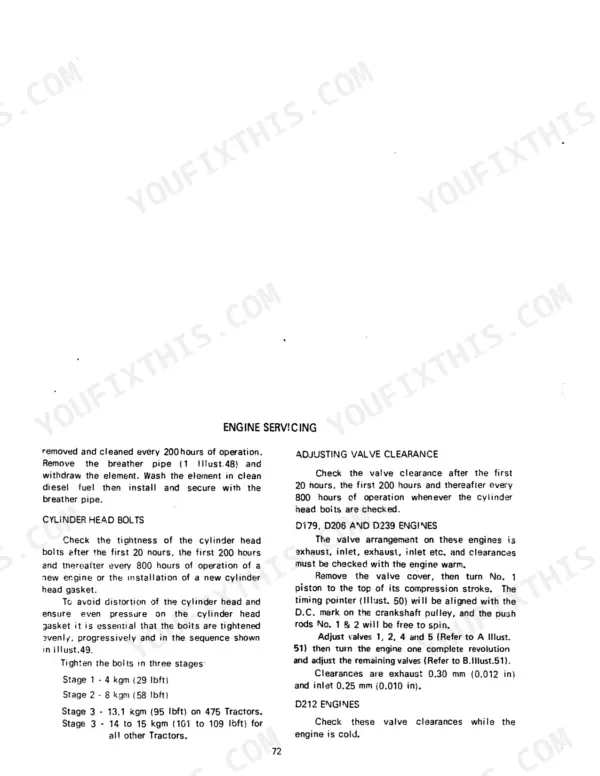 Case IH 454-674, 2400-2500 tractors engine service manual: cylinder head bolt torque specs and valve clearance adjustment procedures.