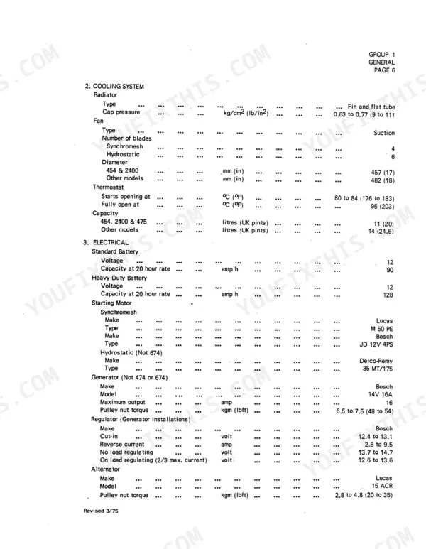 Case IH 454, 474, 475, 574, 674, 2400, 2500 cooling system and electrical specifications table including radiator, fan, battery, and motor data.