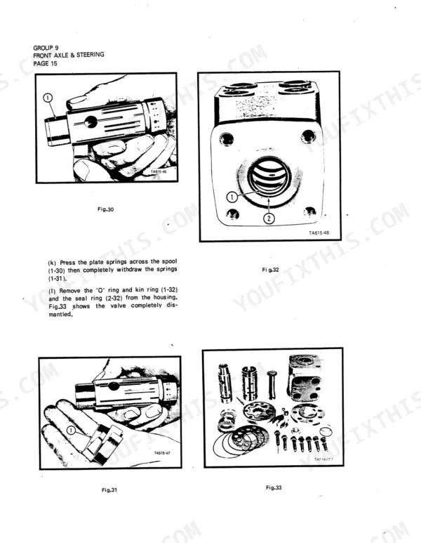 Case IH 454, 474, 475, 574, 674, 2400, 2500 steering valve disassembly procedures, spool, housing, and exploded view diagrams.