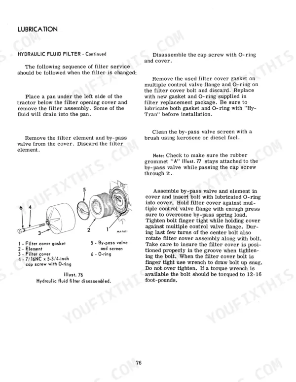 Case IH 464 Tractor, International 464 Tractors: Hydraulic fluid filter service procedure and exploded view diagram.